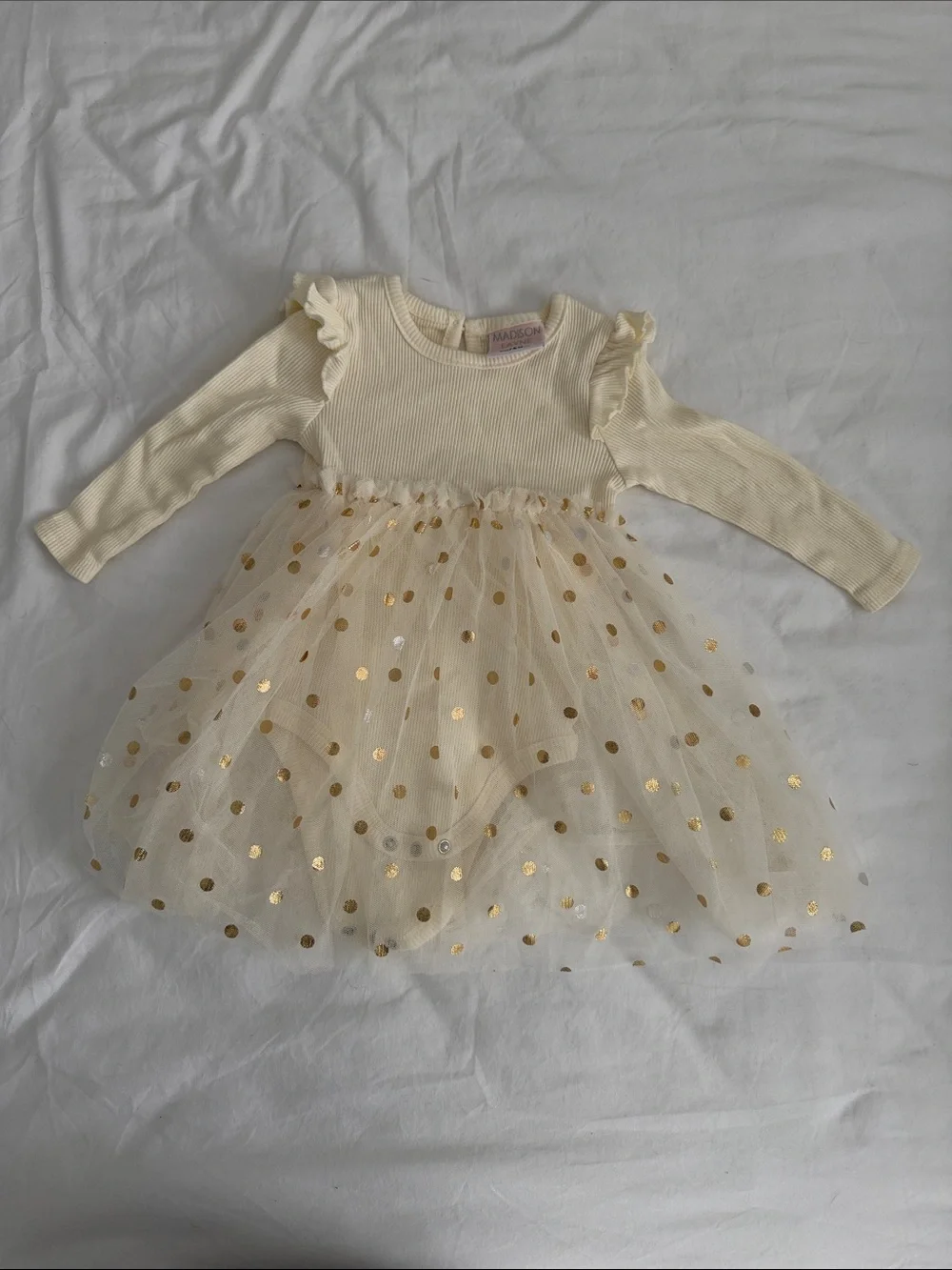 Baby girl Cream Long-Sleeve Tutu Dress with Gold Polka Dots size 12-18months